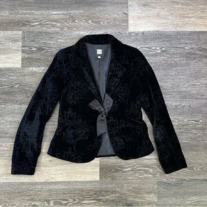 Old Navy Black Velvet Embroidered Blazer Jacket Satin Bow Tie Closure Small
